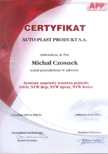 Certyfikat Auto-Plast Produkt S.A - Perfekcyjne Auto