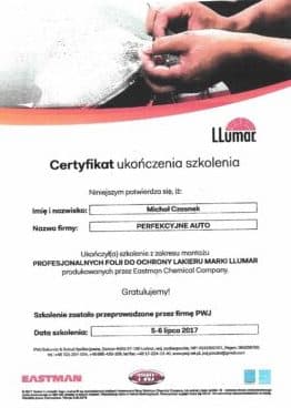 Certyfikat ukończenia szkolenia Llumac - Perfekcyjne Auto